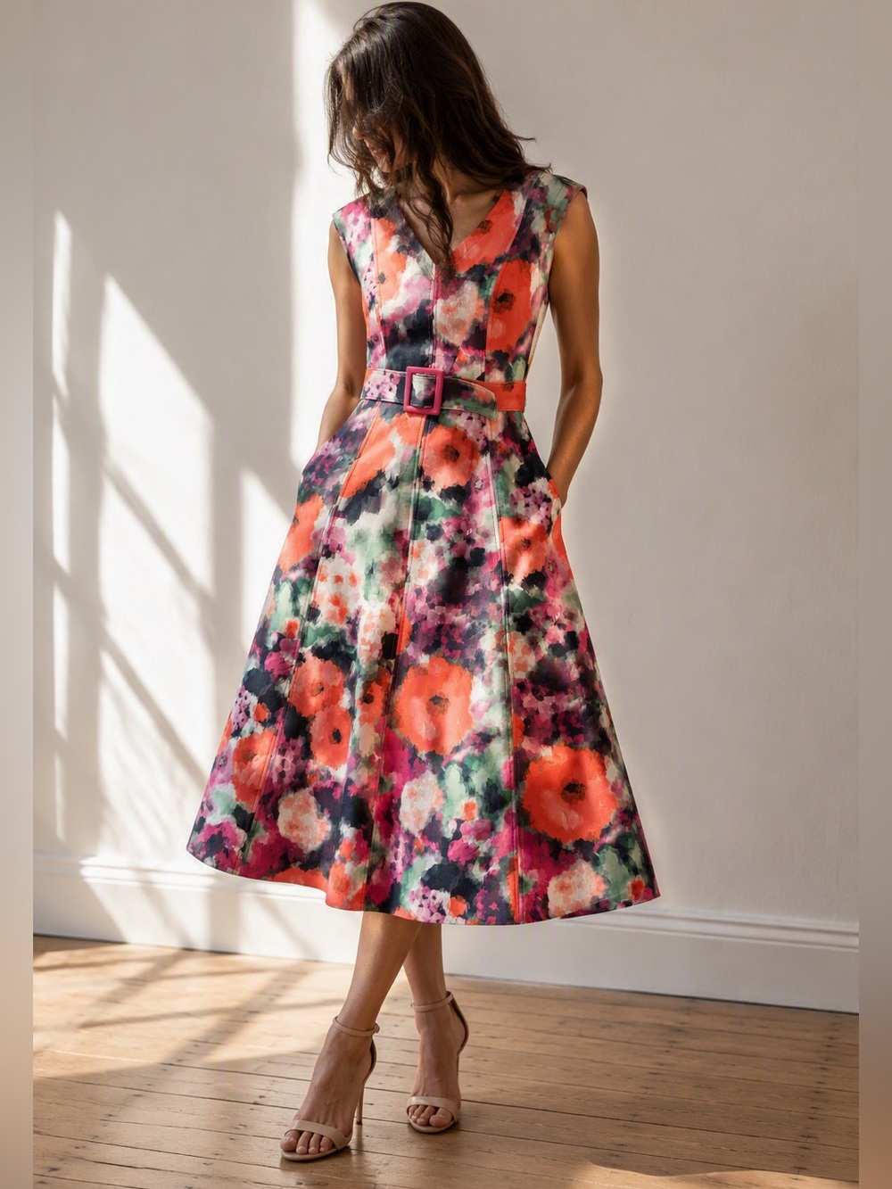 NWT Calvin Klein Size 2 Floral Fit & Flare Midi Dress Belted V-Neck - Picture 1 of 9